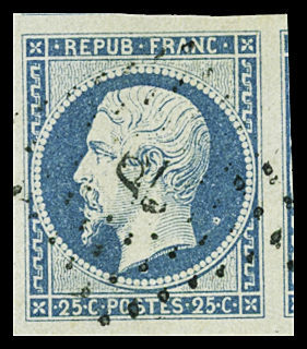 N°10 25c bleu, obl, variété anneau de lune, belle marge,