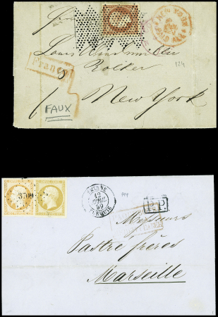 N°13 + 16 obl PC 3709 + T15 "Smyrne Turquie" (1859) + "PP" encadré noir sur lettre. Est joint un n°18 faux obl roulette de pointillés sur lettre pour New-York. TB