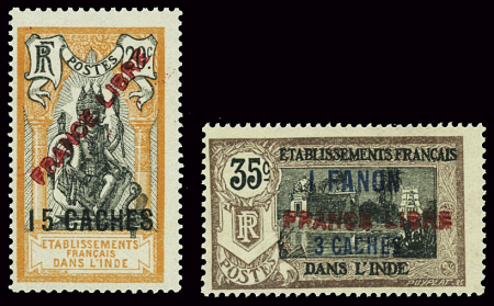 N°128 15ca. sur 20c. rouge-orange et noir + n°130 1fa.