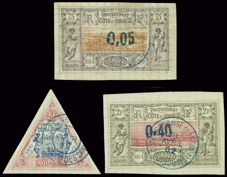 N°19 5f rose et bleu + n°23 0.05 sur 75c + n°25 0,40