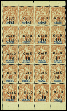 N°46 10c. sur 40c. rouge-orange, en bloc de 20, types