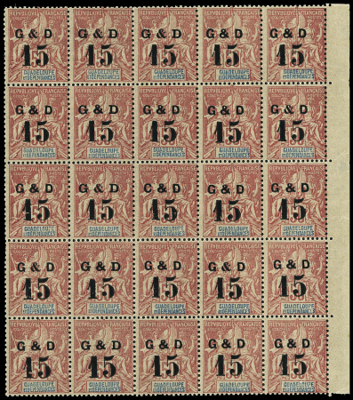 N°47 15c. sur 50c. rose, en panneau de 25, les 6 types