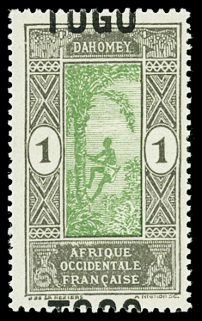 N°101 1c. gris et vert jaune, variété surcharge à cheval,