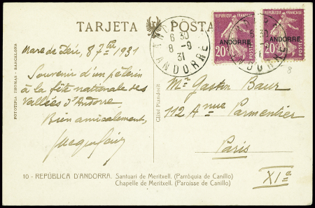 N°8 obl CAD "Andorra Andorre" (1931) sur CP sépia 