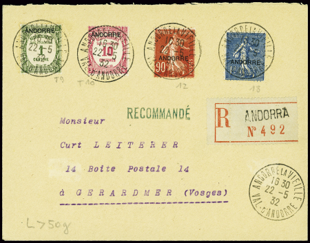 N°12 + 18 + taxe n°9 + taxe n°10 obl CAD "Andorre 