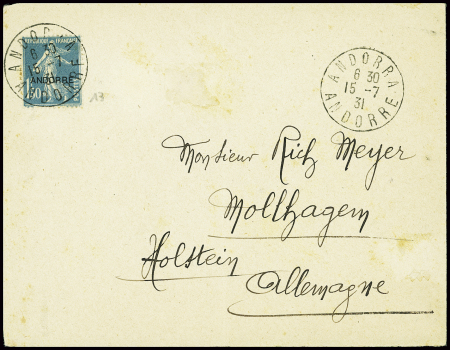 N°13 1F50 bleu, obl CAD "Andorra Andorre" (1931) s