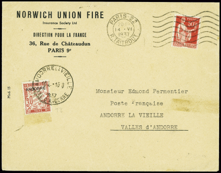 France n°283 obl mec Paris 22 (1937) sur lettre av