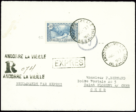 N°92 50F bleu-vert obl CAD horoplan "Andorre la Vi