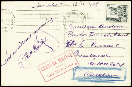 N°580 obl San Sebastian (1937) sur CP pour Las Esc