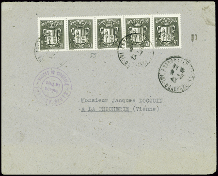 N°55 en bande de 5 obl Andorre la Vieille (1943) s