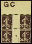 N°139 20c Semeuse, en bloc de 4 manchette GC millé