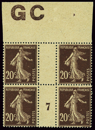 N°139 20c Semeuse, en bloc de 4 manchette GC millé