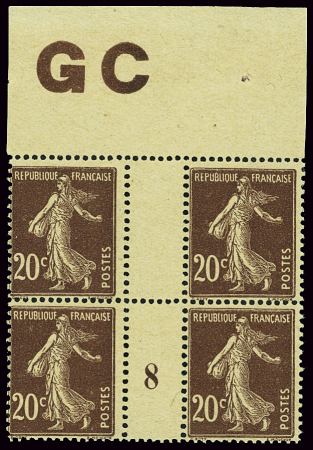 N°139 20c Semeuse, en bloc de 4 manchette GC millé