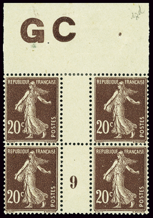 N°139 20c Semeuse, en bloc de 4 manchette GC millé