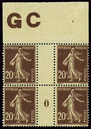 N°139 20c Semeuse, en bloc de 4 manchette GC millé