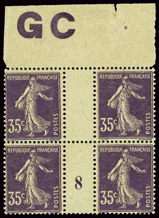 N°142 35c Semeuse, en bloc de 4 manchette GC millé