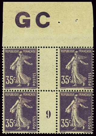 N°142 35c Semeuse, en bloc de 4 manchette GC millé