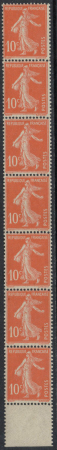 N°2 10c Semeuse rouge, en bande verticale de 7 tim