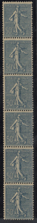 N°7 50c Semeuse lignée, en bande verticale de 6 ti