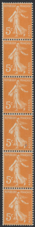 N°8 5c Semeuse orange, en bande verticale de 6 tim
