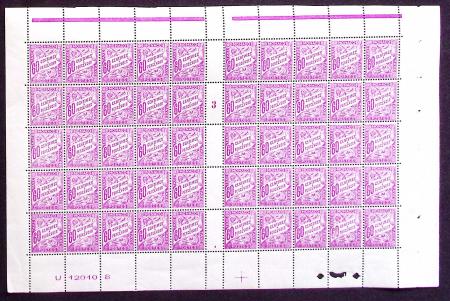 TAXE N°22 60c. lilas, PANNEAU de 50 bas de feuille
