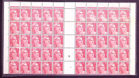 N°721Ad Gandon, 6f. rose carminé, BLOC de 50 haut 