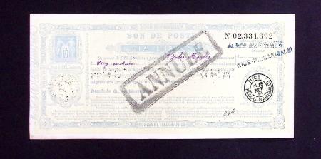 Sage 10c. bleu, Bon de Poste n°H2, 10f. jaune, N°0