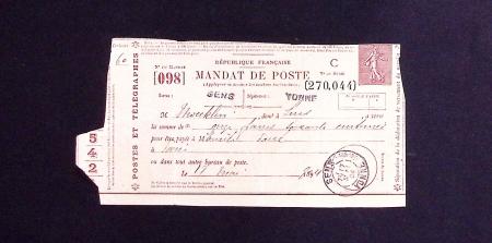 Semeuse Lignée, Timbre brun, Mandat n°G1a, lettre 