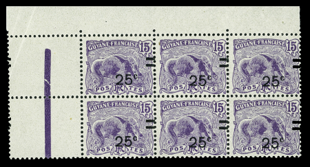 N°97c 25c. sur 15c. violet, en bloc de 6, variété surcharge
