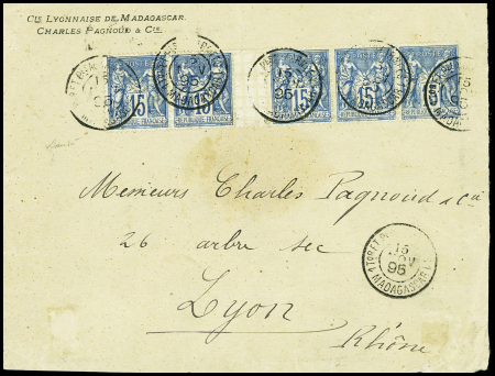 France n°101 15c Sage en bande de 5 interpanneau obl.