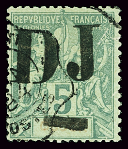 N°1 5c. vert avec Obock barré, obl., TB. Signé A.Brun