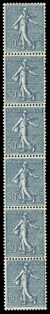 N°7 50c. bleu Semeuse Lignée, BANDE verticale de 6,