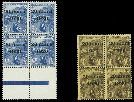 N°40 25c.+15c. et n°41 50c.+50c., en BLOCS de 4, neufs