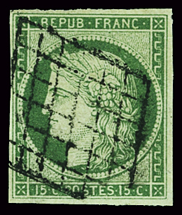 N°2 15c. vert, obl. grille, TB. Signé A.Brun et Calves