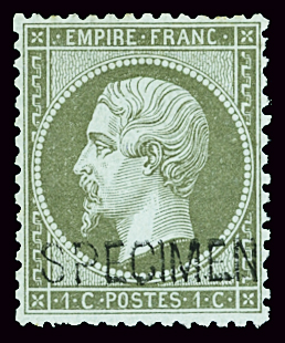 N°19f 1c. olive, surchargé SPECIMEN, TTB. Signé Calves