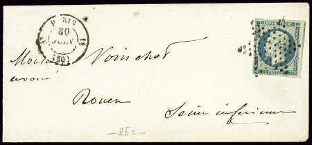N°15 25c. bleu, obl. étoile sur env. CaD Paris 30/6/54,
