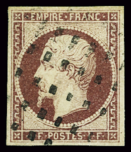 N°18 1f carmin, obl. gros points carrés, TB. Signé