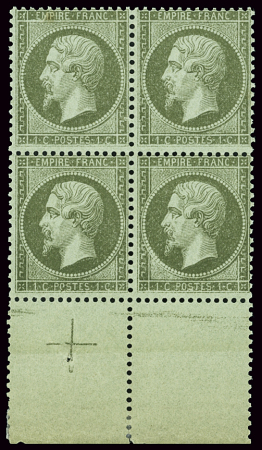 N°19a 1c. bronze, en bloc de 4, BdF avec croix de repère,