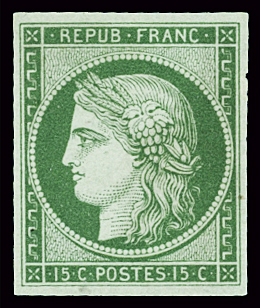 N°2 15c. vert, neuf sans gomme, grandes marges, SUP