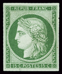 N°2 15c. vert, neuf sans gomme, grandes marges, SUP