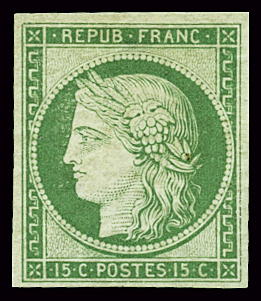 N°2 15c. vert, neuf *, léger aminci sinon pièce superbe