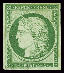 N°2 15c. vert, neuf sans gomme, petits clairs sinon