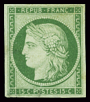 N°2 15c. vert, neuf sans gomme, petits clairs sinon