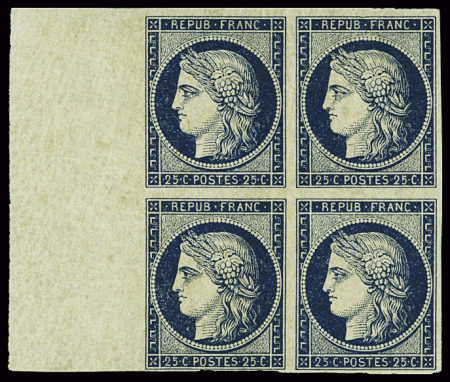 N°4h 25c. bleu noir, en bloc de 4, Grand bord de feuille,