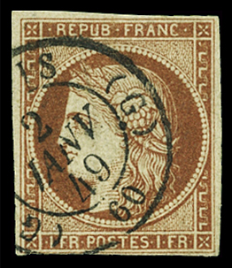 N°7 1f vermillon obl. du CaD de PARIS 60 - bureau G