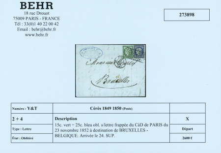 N°2 15c. vert + n°4 25c. bleu, obl. sur lettre frappée