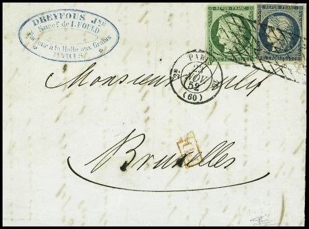 N°2 15c. vert + n°4 25c. bleu, obl. sur lettre frappée