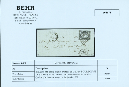 N°3i 20c. gris, obl grille sur lettre, CaD de BOURBONNE-LES-BAINS