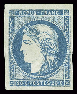N°44B 20c. bleu, Type I, Report 2, très frais, SUP,