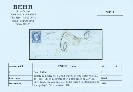 N°14 20c. bleu, obl. sur lettre, CaD de BREST du 31